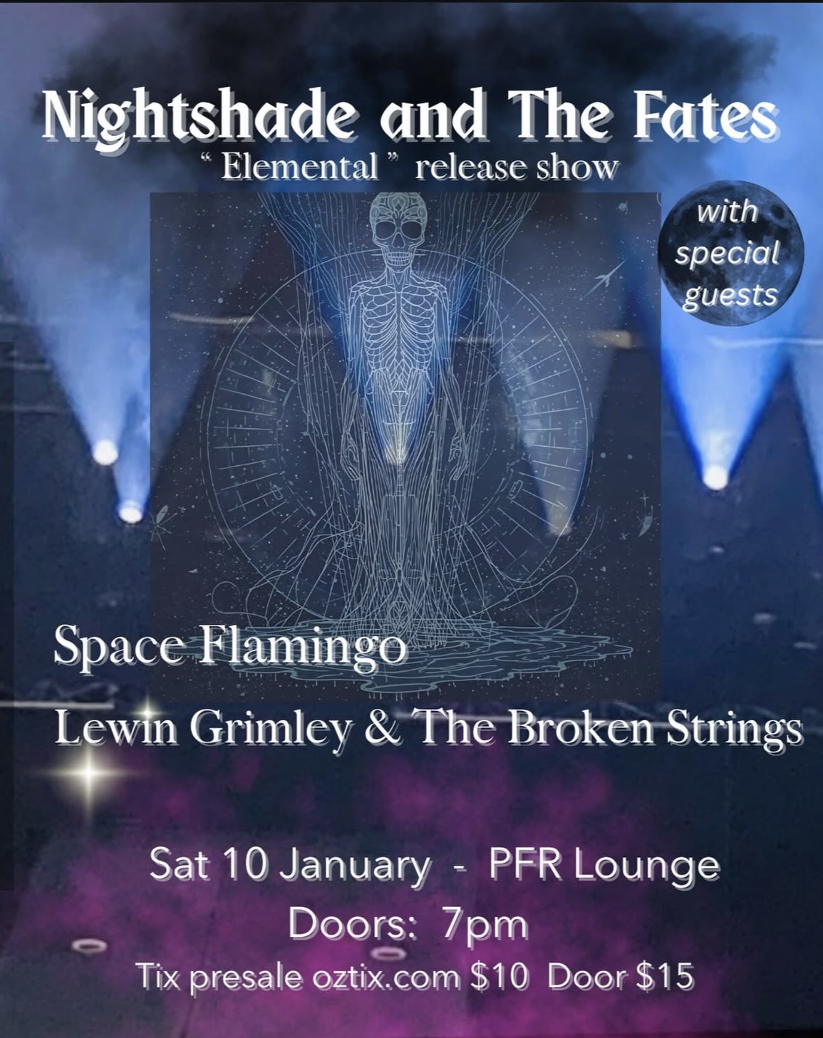 Nightshade and The Fates (Elemental Release Show) with support from  Space Flamingo, Lewin Grimley & The Broken Strings