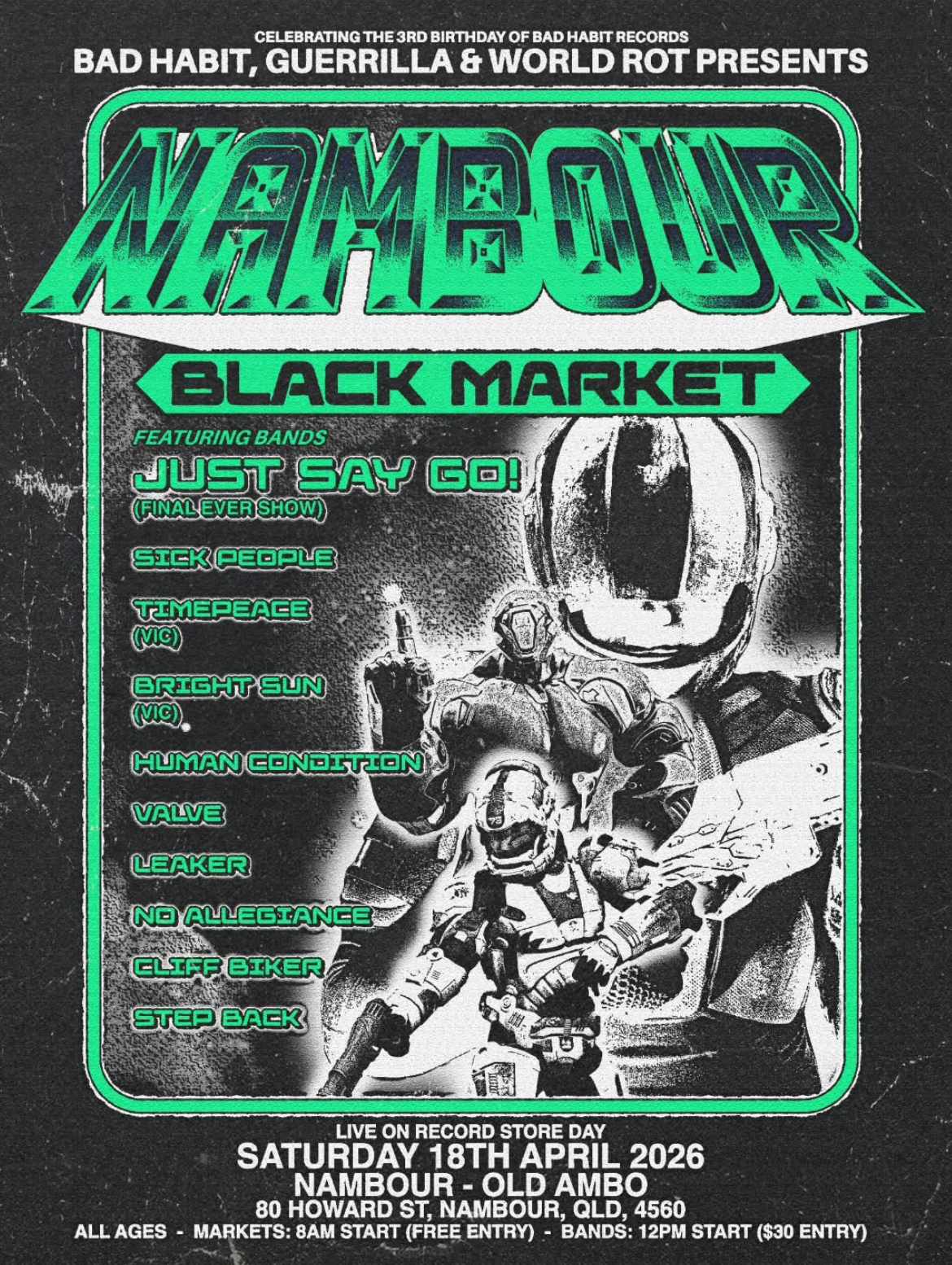 Nambour Black Market Day ft. Just Say Go, Sick People, Time Peace, Bright Sun, Human Condition, Valve, Leaker, No Allegiance, Cliff Biker, Step Back