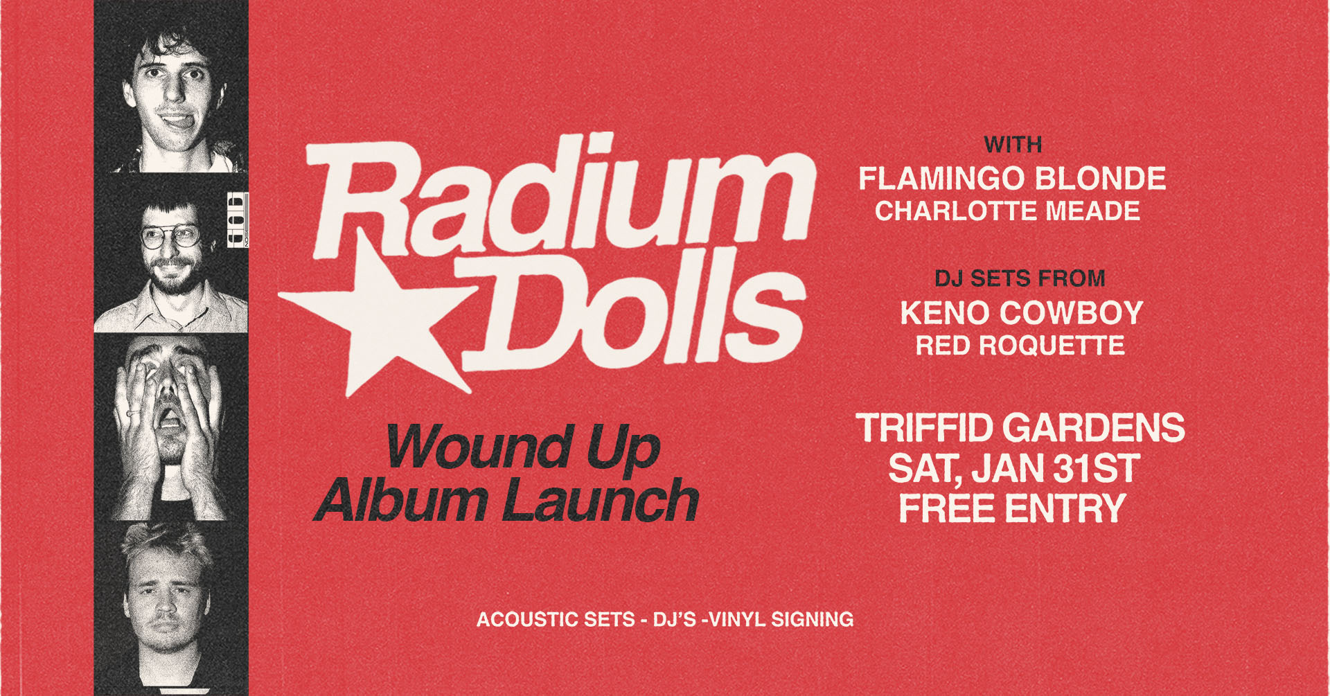 Radium Dolls Album Party with acoustic sets from Charlotte Meade and Flamingo Blonde, with Red Roquette and Keno Kowboy on DJ duties (FREE)