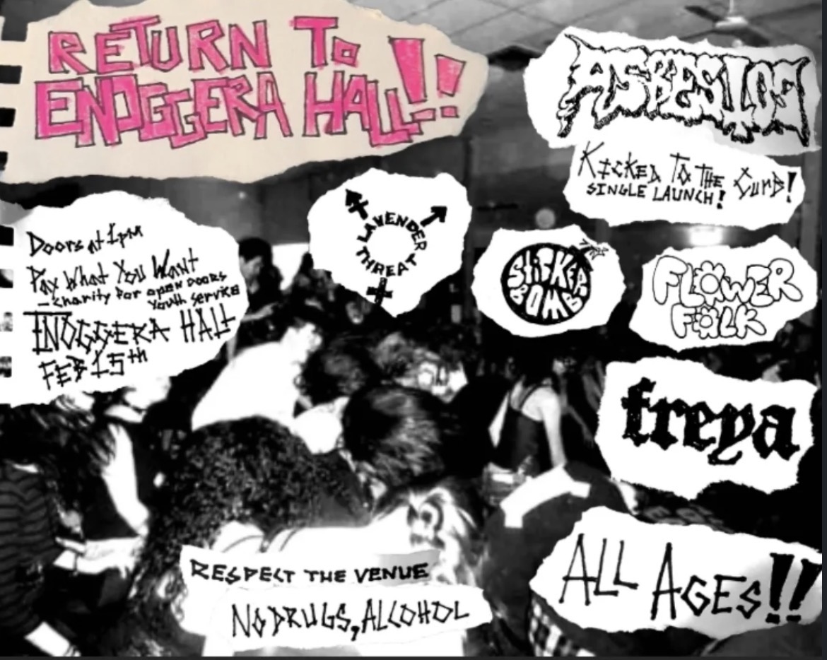 Return to Enoggera Hall ft. Abestos ‘Kicked To The Curb’ Single Launch + Lavender Threat + Sticker Bomb + Flower Folk + Freya