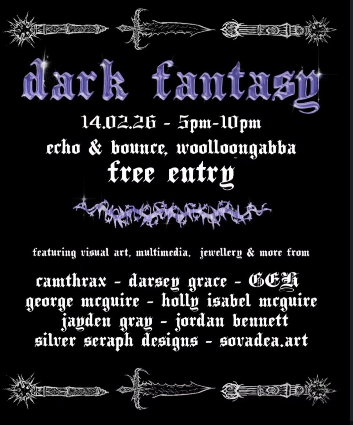 dark fantasy art exhibition ft. visual art, multimedia, jewellery and more from  @geh.painting, @_jaydxn, @jordan._bennett10, @camthrax_, @sovadea.art, @d4rs.art (FREE)