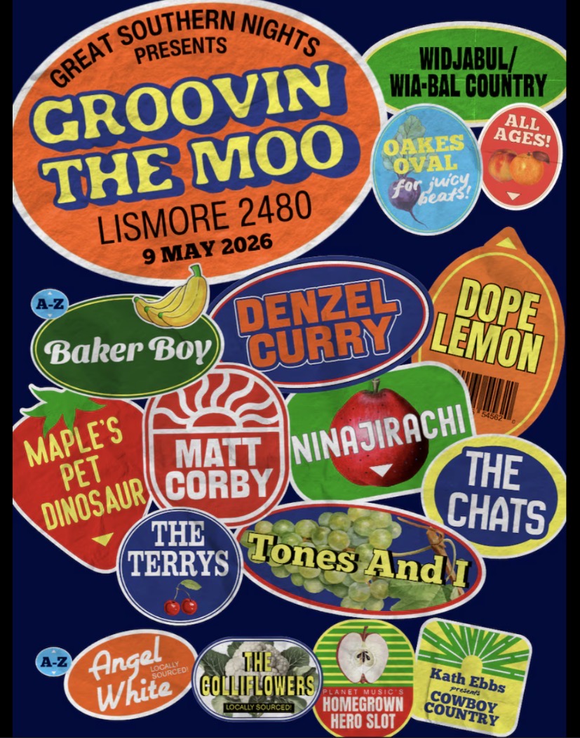 Groovin The Moo 2026 ft.  Baker Boy, Denzel Curry (US), Dope Lemon, Matt Corby, Tones And I, The Chats, The Terrys, Ninajirachi, Kath Ebbs and Maple’s Pet Dinosaur