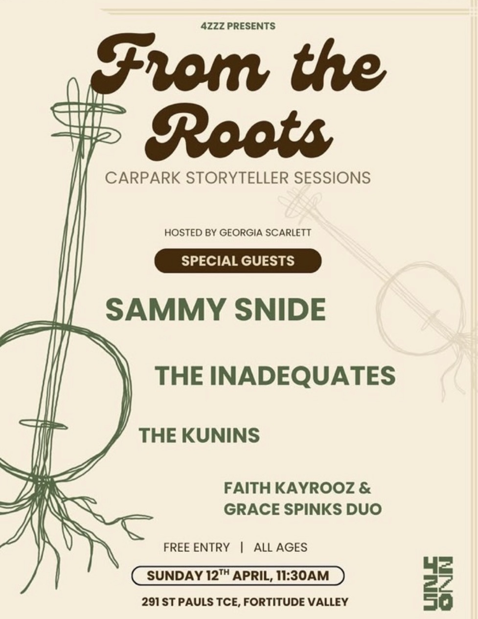 4zzz presents From The Roots ‘Carpark Storyteller Sessions’ ft. Sammy Snide, The Inadequates, The Kuninis, Faith Kyrooz & Grace Sparka Duo