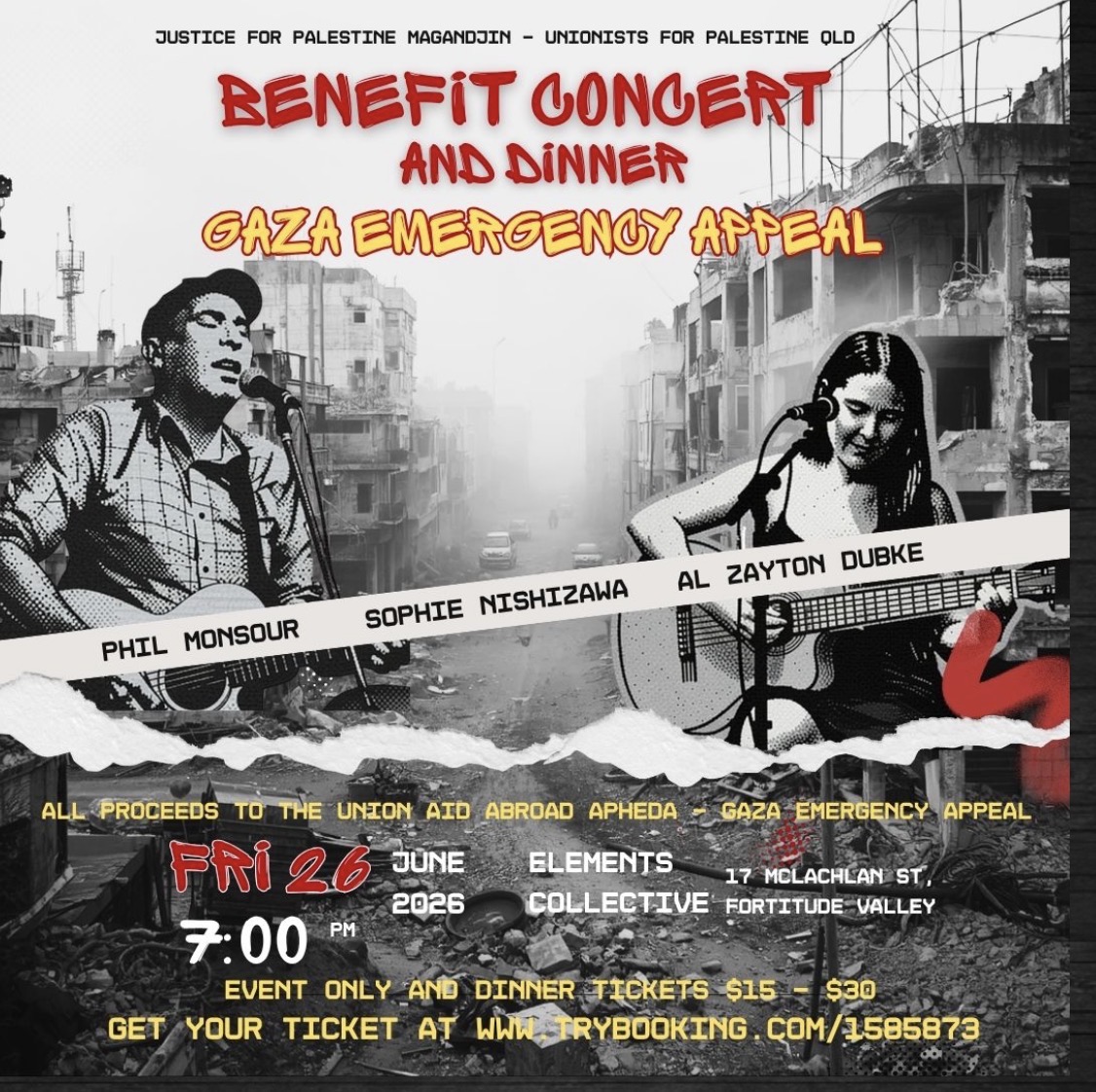 GAZA EMERGENCY APPEAL BENEFIT APHEDA With Phil Monsour , Sophie Nishizawa and Al Zayton Dubke Troupe