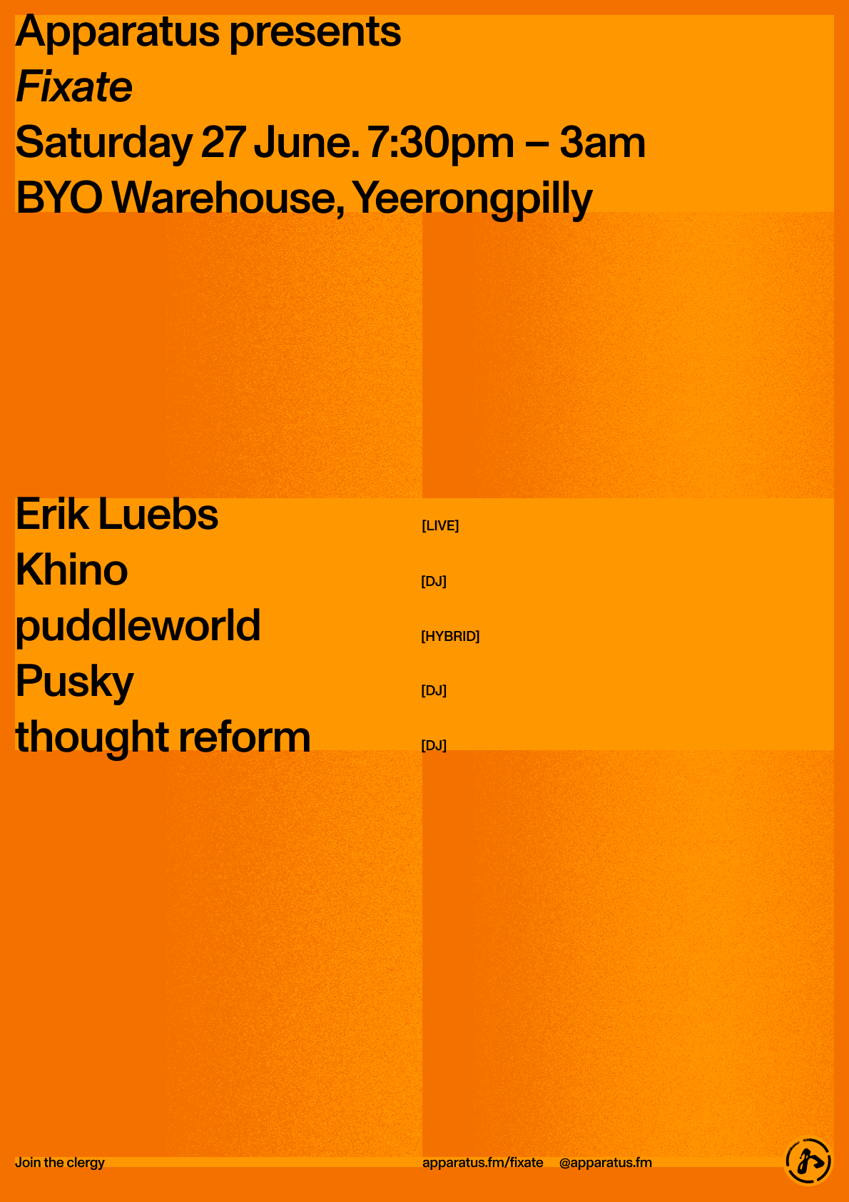 apparatus presents: fixate with Erik Luebs, Khino, puddleworld, Pusky and thought reform