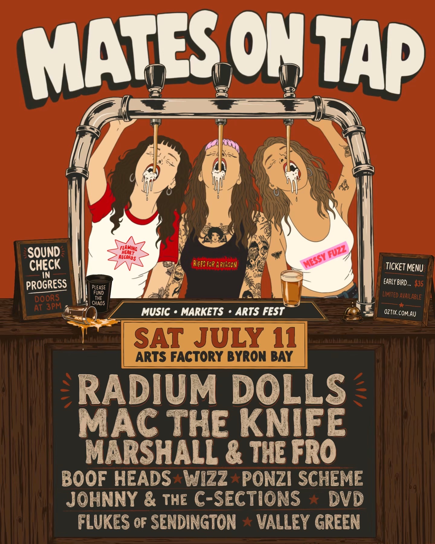 ARTS FACTORY • FLAMING HEART RECORDS • MESSY FUZZ • RIFFS FOR A REASON • SINERGY PRESENTS: MATES ON TAP - BYRON BAY RADIUM DOLLS • MAC THE KNIFE • MARSHALL & THE FRO • BOOF HEADS • PONZI SCHEME • FLUKES OF SENDINGTON • DVD • VALLEY GREEN • WIZZ • JOHNNY & THE C-SECTIONS