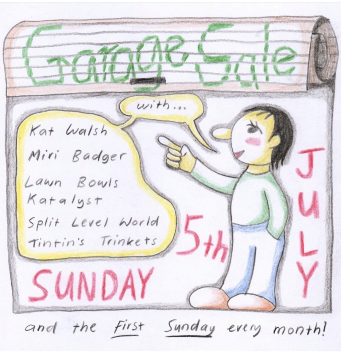 Garage Sale with Kat Walsh, Miri Badger, Lawn Bowls, Katalyst, Split Level World, and Tintin’s Trinkets (Free Entry)