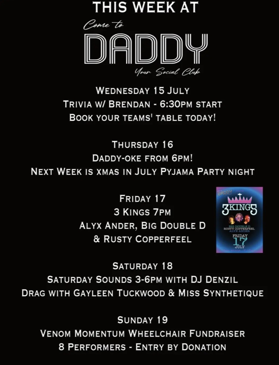 saturday sounds with dj denzil, drag with gayleen tuckwood and miss synthetique (free entry)