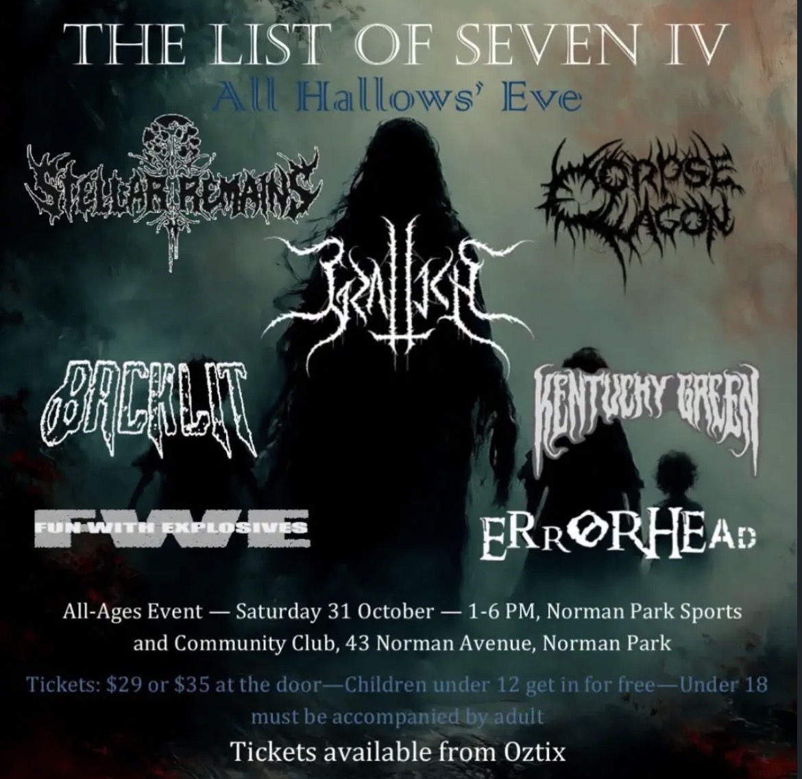 Blackened Records presents: The List of Seven IV All Hallows’ Eve ft. Stellar Remains, Errorhead, Kentucky Green, Backlit, Fun With Explosives, Corpsewagon and Gralloch
